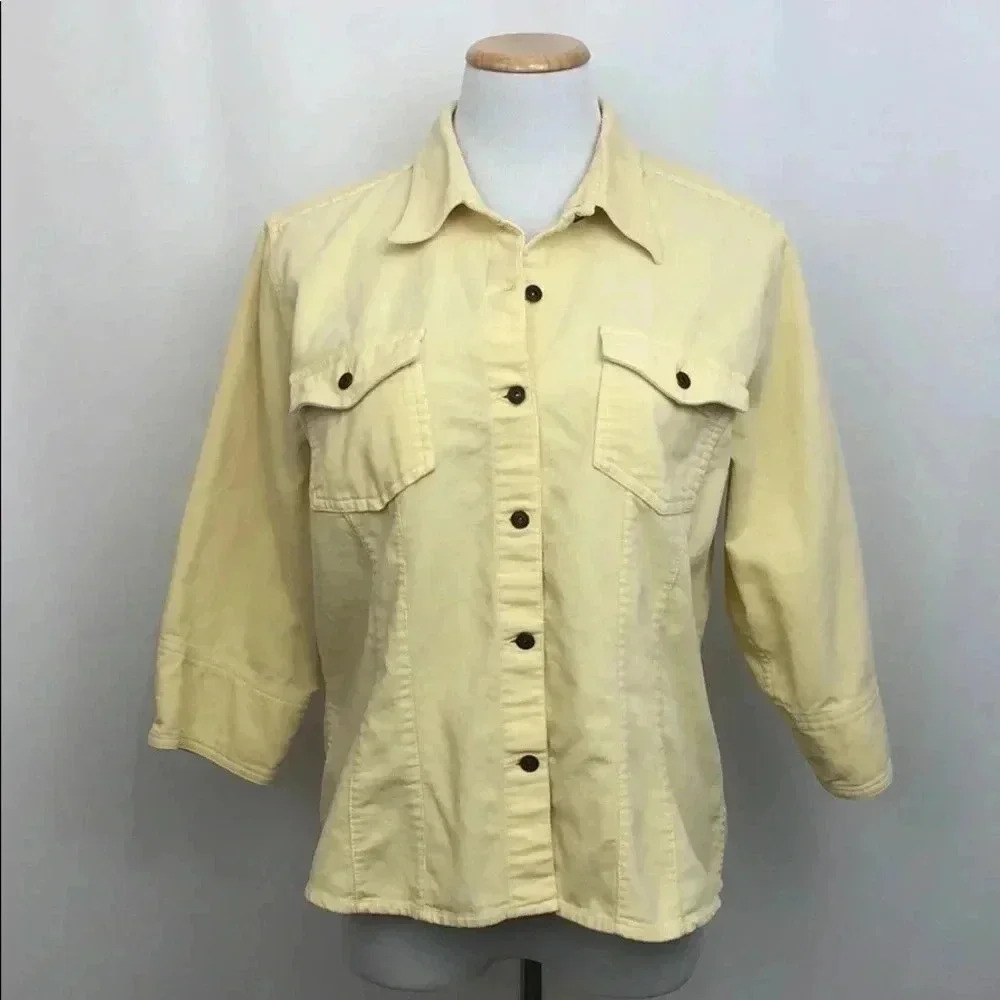Liz Claiborne Lizwear Button Down Shirt Women Large Yellow Corduroy 3/4 Sleeve
